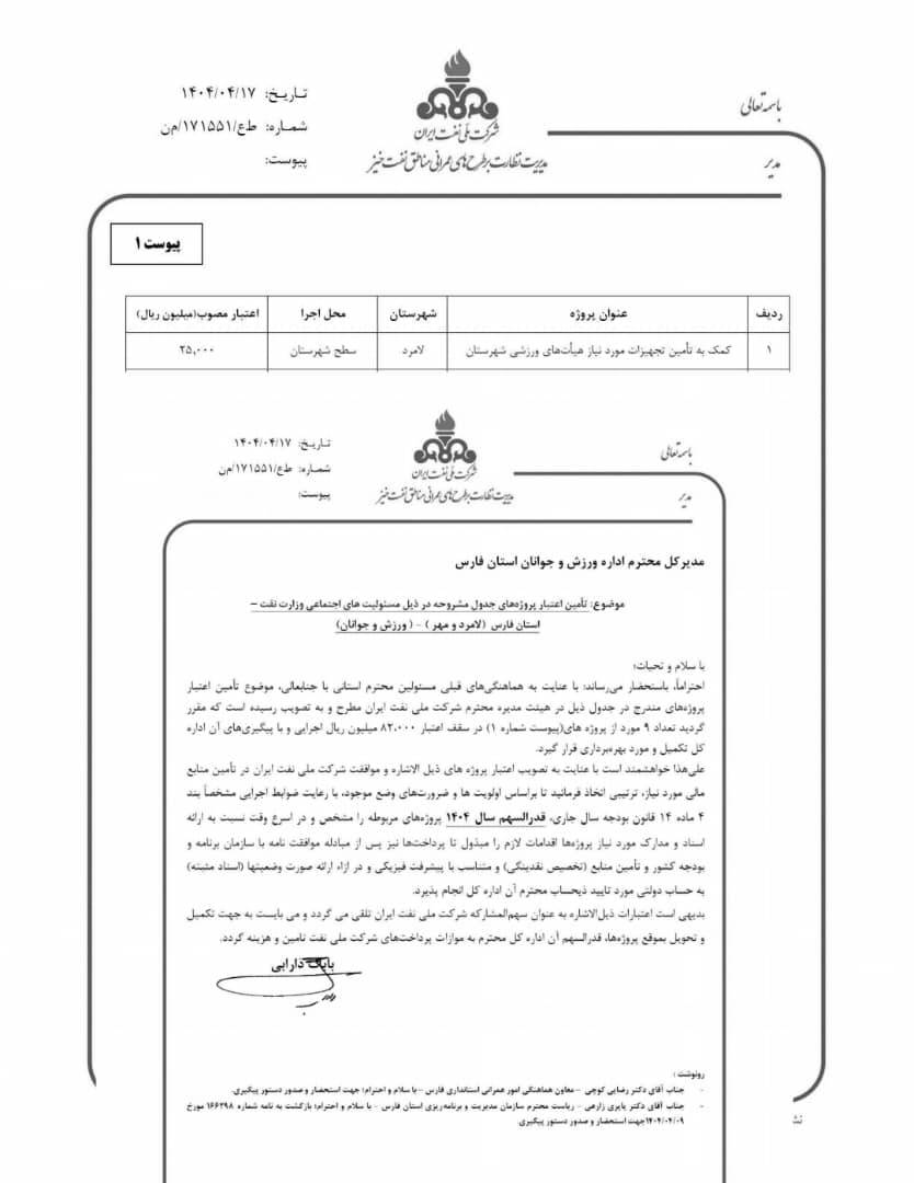اختصاص اعتبار ۲۵ میلیارد ریالی برای تجهیز هیئت‌های ورزشی شهرستان لامرد با پیگیری‌های دکتر موسوی